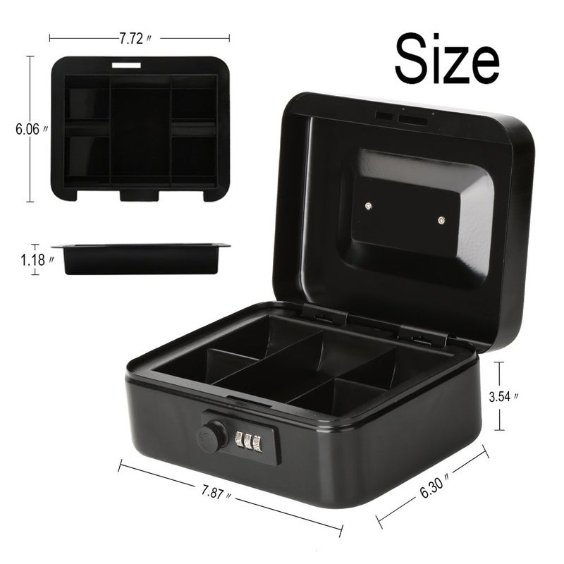 Decaller Safe Cash Box With Combination Lock, Decaller Medium Double Layer Cash Box with Money Tray Locking Storage Box, 9 4/5" x 7 4/5" x 3 1/2", QH2501M, Black - Image 2